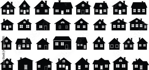 Black house icon collection, various residential building silhouettes, simple home design vector, architecture elements, isolated symbol set illustration