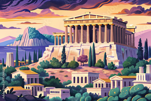 Vector illustration of the Acropolis in Athens atop a rocky hill, featuring ancient columns perfect for history, travel, and classical architecture themes