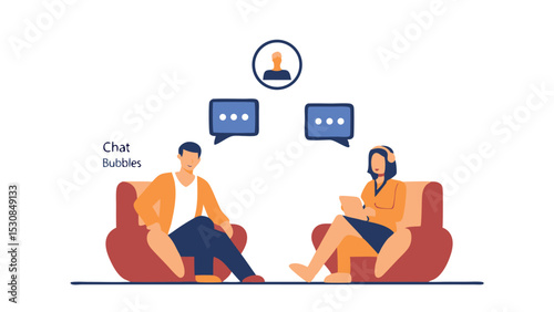 Illustration of a man and a woman in chairs with chat bubbles and a profile icon above them