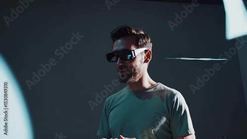 Caucasian Male in Futuristic Augmented Reality Headset in Modern Tech Environment                    