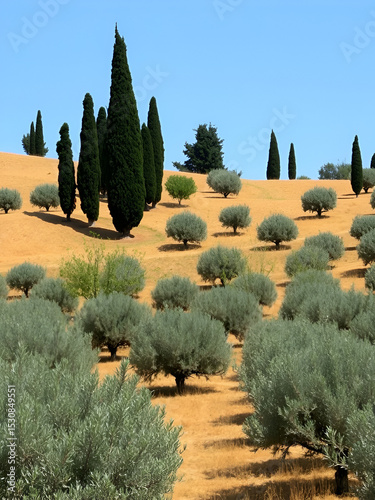 Tuscany, Italy - August 26, 2009: - Olive plantations surrounded by pyramidal cypress trees on hillsides with yellow clay soil in the vicinity of Tuscany, Italy