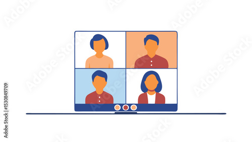 Four people in a video conference call on a screen with a blue frame and a horizontal line below it