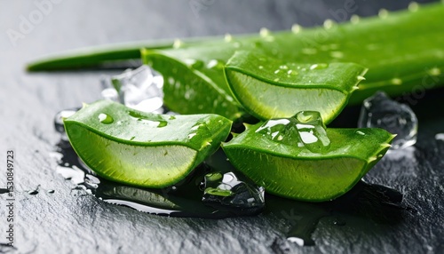Fresh aloe vera leaves with water droplets on a dark stone surface, showcasing their natural beauty