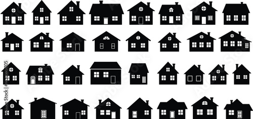 Black house icon collection, various residential building silhouettes, simple home design vector, architecture elements, isolated symbol set illustration