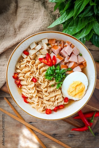 Thai style instant spicy noodles with boiled egg and sausage and pork roll 