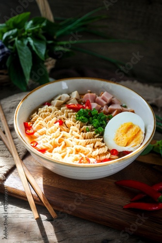 Thai style instant spicy noodles with boiled egg and sausage and pork roll 