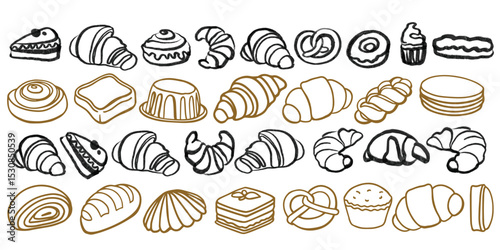 Isolated vector set of Bakery. Hand drawn and chalked cookies, barolls, pies, cakes, pastries, croissants.. Vintage template with pastries sketch. Fresh bakery. Shop. Template.	