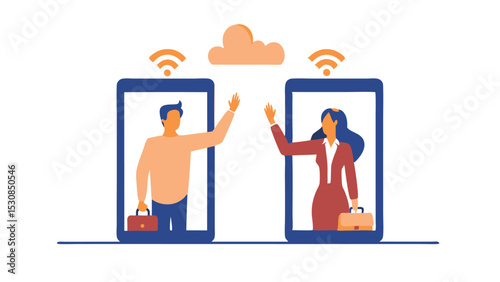 Illustration of a man and woman video calling each other on their phones with a cloud and wifi signals