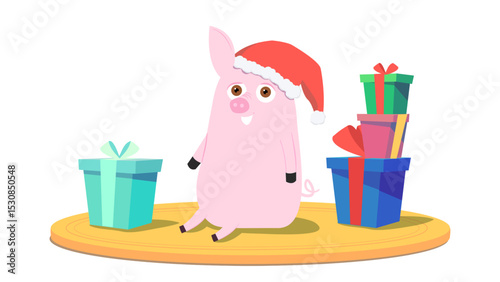 Christmas Piggy Scene: Cute Animal with Presents. This graphic features an adorable pig surrounded by various gift boxes, set on a round, festive platform