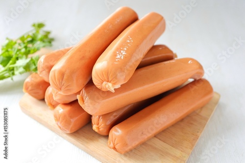 Smoked pork and chicken sausage on white background, 