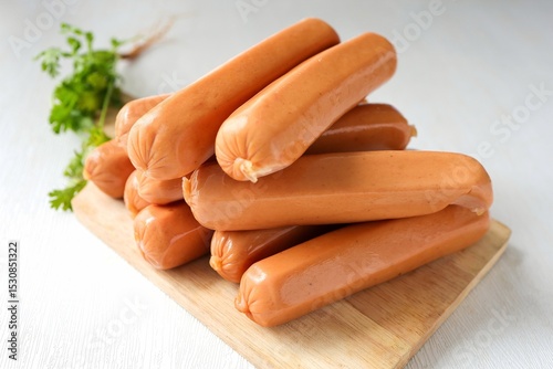 Smoked pork and chicken sausage on white background, 