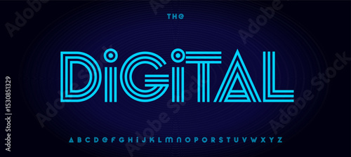Digital stripes alphabet, layered contour techno font, retro-futuristic typeface for tech, sport, fintech, robotic logo and headline. Virtual UI typography, sci-fi typographic design. Vector typeset