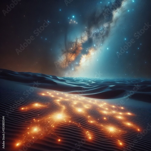 A desert with sand that glows in the dark forming constellations