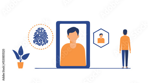 Illustration of digital identity verification with fingerprint scan and facial recognition system setup