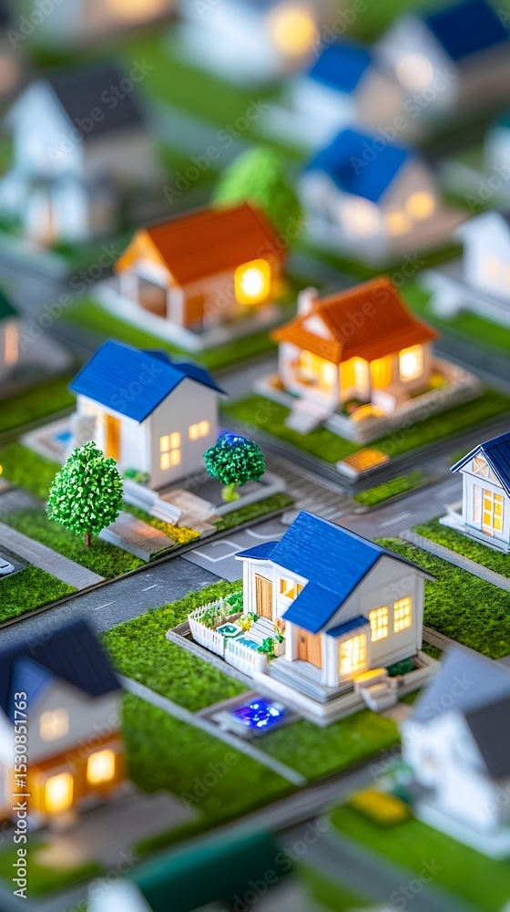 Obraz premium Illuminated miniature houses, suburban model, night, development, real estate