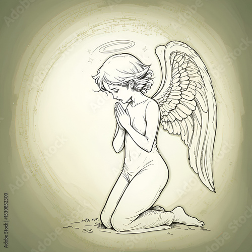 Single Line Drawing of an Angel Kneeling in Prayer