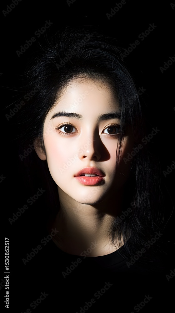 Fototapeta premium Dramatic portrait, woman, dark background, studio lighting, beauty