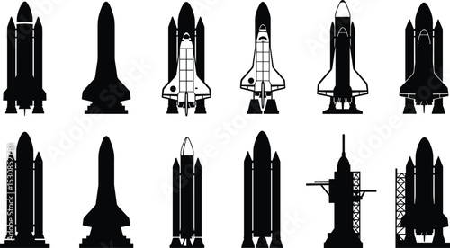 Collection of space shuttle and rocket launch silhouettes, vector icons for aerospace technology, spacecraft design,
