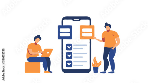 Two people interacting with a mobile app interface with checklist and drag and drop elements
