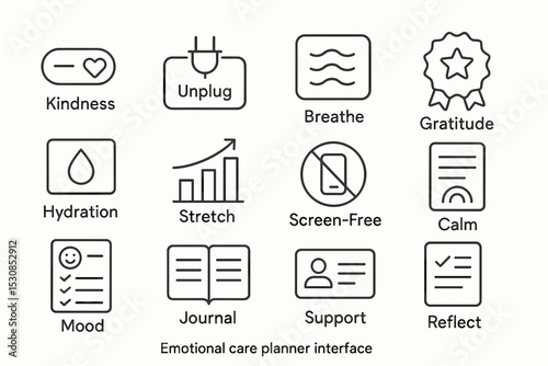 Icons for emotional well-being: kindness, unplug, breathe, and more