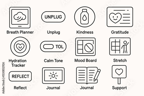 Icon set for wellness apps featuring gratitude, kindness, hydration, and journaling