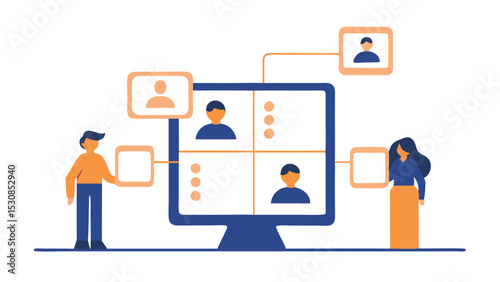 Illustration of a virtual meeting with four participants and two people interacting with it