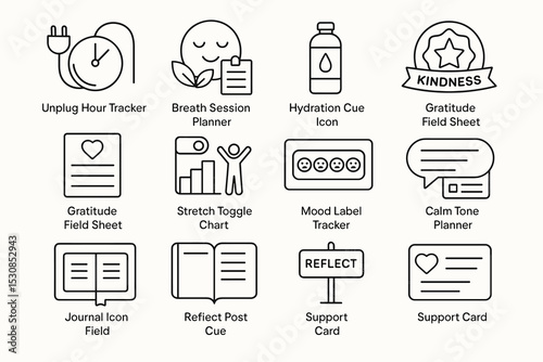 Wellness tools icons featuring gratitude, hydration, and mood trackers