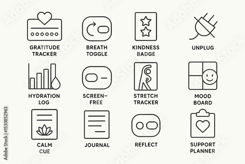 Wellness icons: gratitude, breath, kindness, unplug, hydration, stretch, mood, calm, journal, reflect, support
