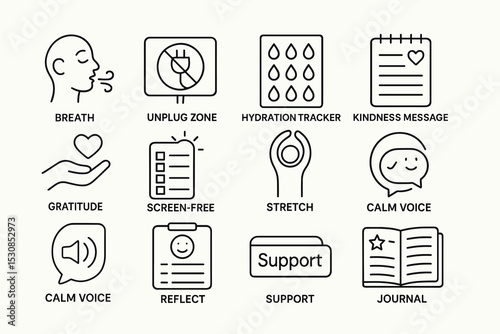Mindful living icons: breathing, reflection, support, hydration, gratitude