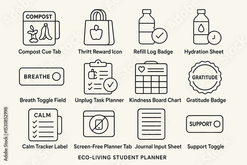 Eco-living student planner icons with compost, refill, and support features