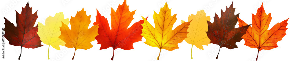 Obraz premium Colorful Autumn Maple Leaves Arranged in a Row Isolated on a White Background