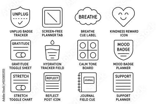 Minimalist wellness and mindfulness icons for planners and trackers