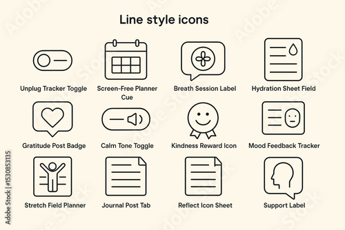 Set of minimalist line style icons for wellness and organization