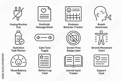 Essential wellbeing icons set: routine, gratitude, kindness, relaxation, health