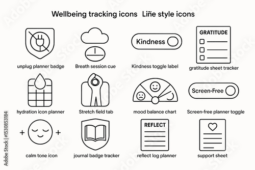 Line style icons for wellbeing: stress relief, mindfulness, hydration, sleep, and wellness tracking