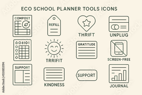 Eco school planner tools icons for sustainable living and mindfulness