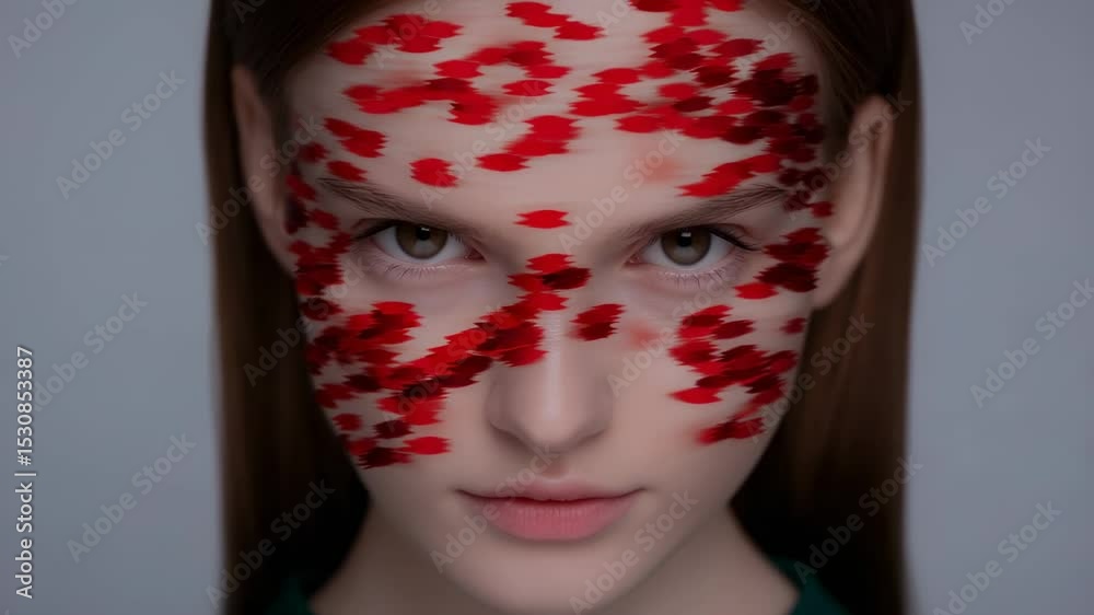 Close-up of a woman's face with intricate red patterns