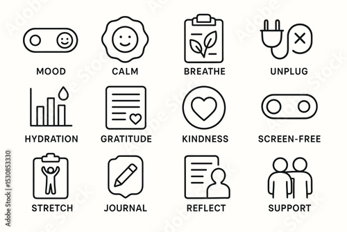 Icons representing mood, calm, breathe, unplug, hydration, gratitude, kindness, and support