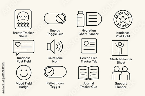 Wellness tracker icons: calm, hydration, kindness, mood, unplug, journal, support