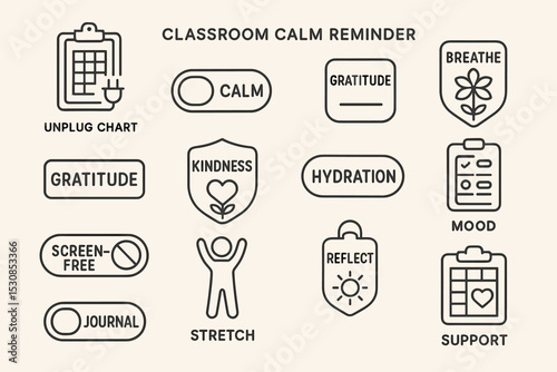 Classroom calm reminder icons for stress relief and mindfulness practices