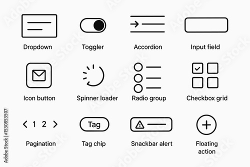 Ui elements collection: dropdown, toggler, accordion, input field, icon button, spinner, radio group, checkbox, pagination, tag, snackbar, floating action