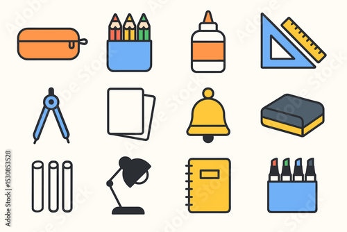 Colorful school supplies: pencil case, compass, notebook, markers, glue, bell, lamp