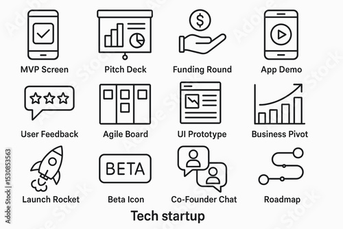 Icons for tech startup processes including mvp, funding, and roadmap strategies