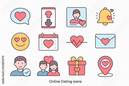 Colorful online dating icons set featuring heart symbols and communication elements