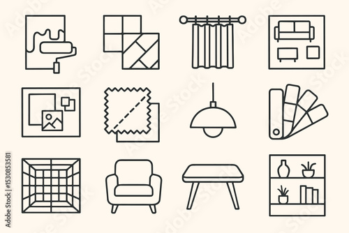 Interior design icons: paint, tiles, curtains, furniture, and decor elements