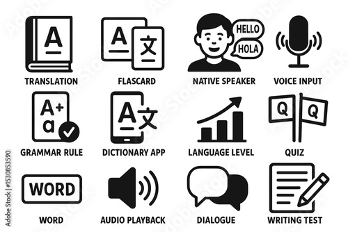 Language learning icons: translation, native speaker, voice input, grammar, quiz, writing test