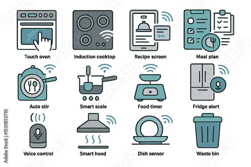 Smart kitchen technology icons: oven, induction, recipe, meal, scale, fridge, voice control