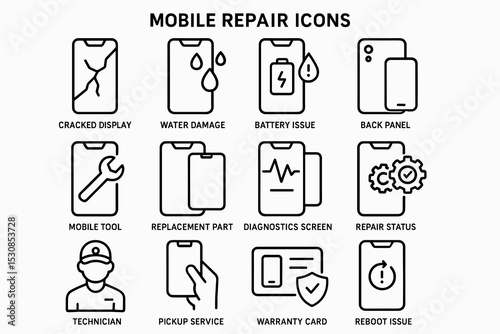 Mobile repair icons: cracked display, water damage, battery issue, back panel, repair tools