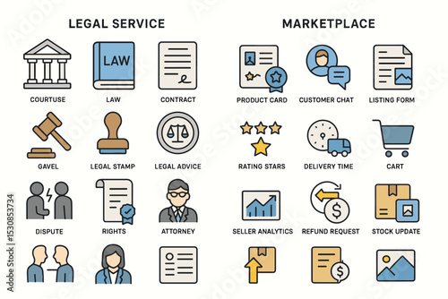 Legal services and marketplace icons: gavel, contract, customer, cart, analytics