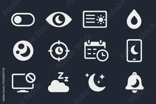 Dark mode interface icons set for sleep, notification, display, eye protection